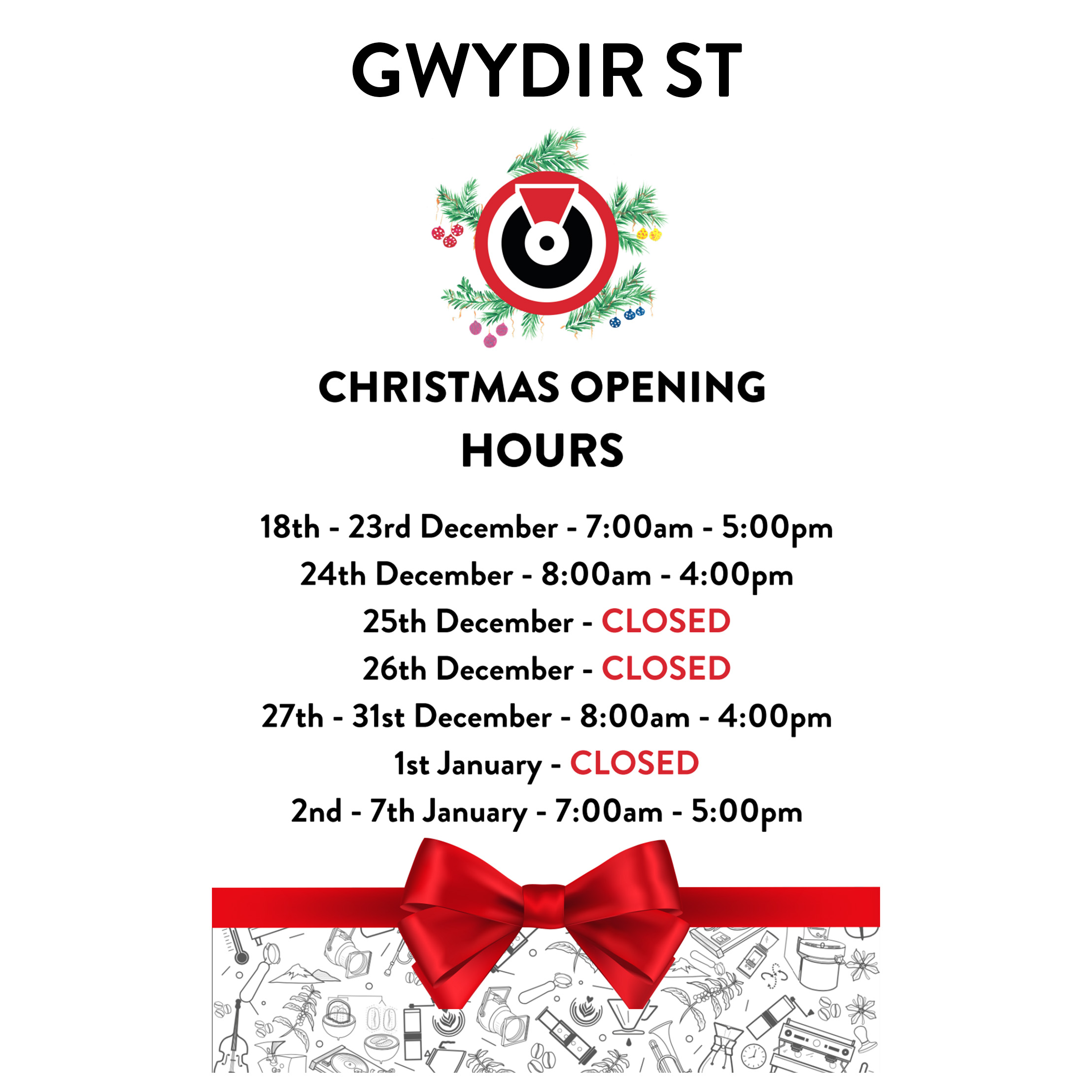 Hot Numbers Coffee Christmas and New Year Opening Times 2023/24 - Gwydir St Cafe
